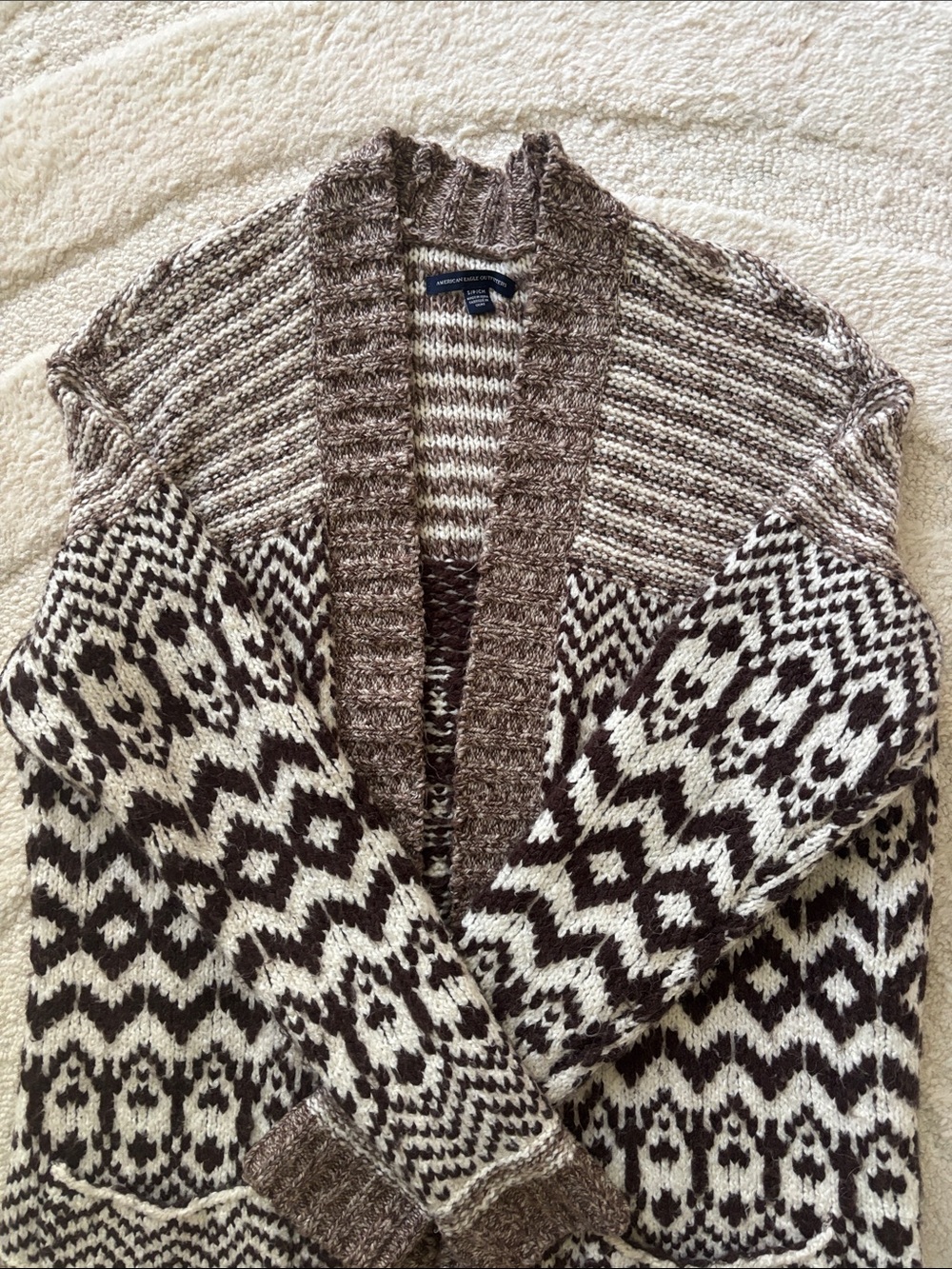 American Eagle Outfitters Brown and Cream Geometric Open-Front Cardigan